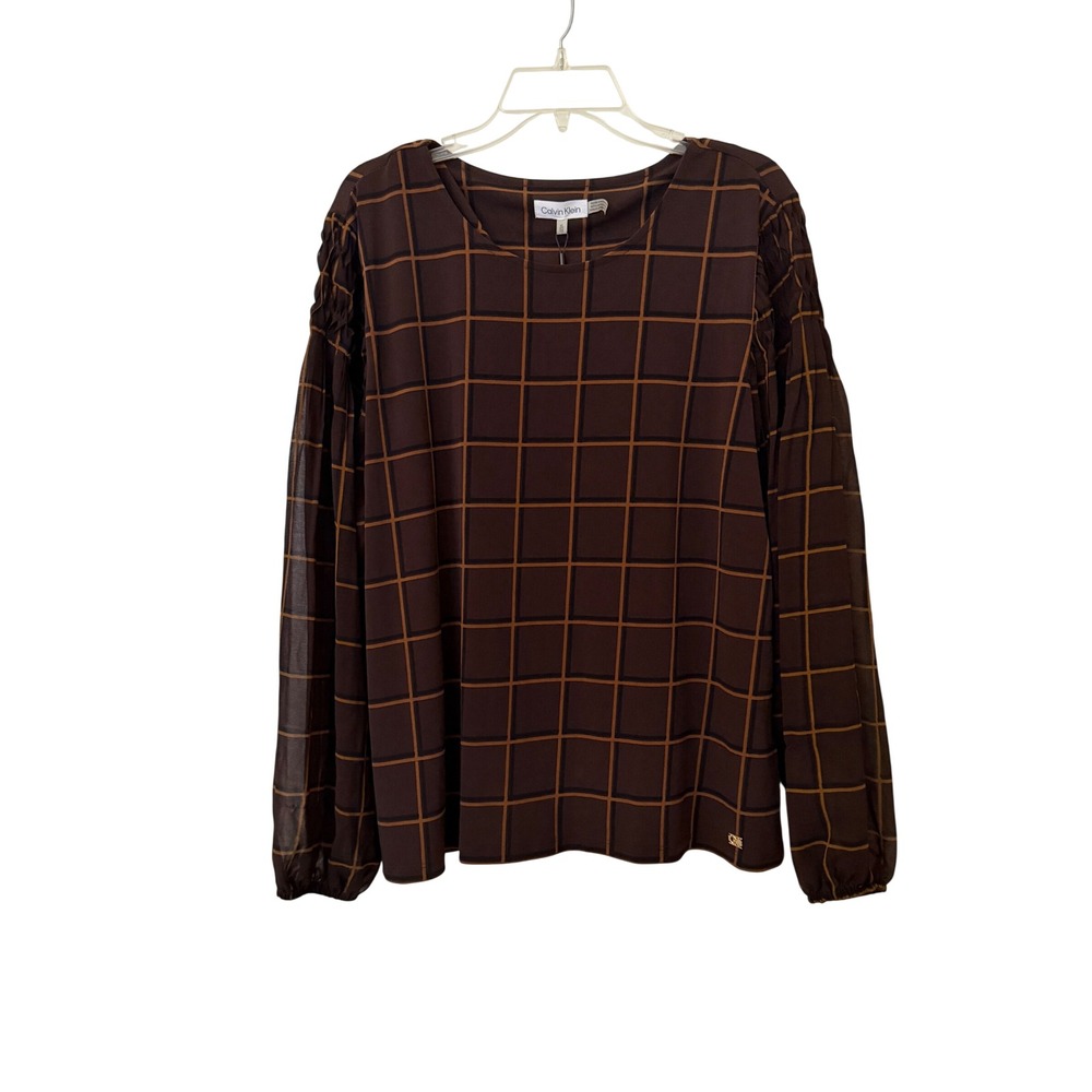 Calvin Klein Womens Brown Grid Print Pleated Balloon Sleeve Blouse XL